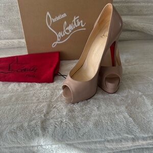 Christian Louboutin Nude/Tan Peep-Toe Platform Pumps with Red Sole